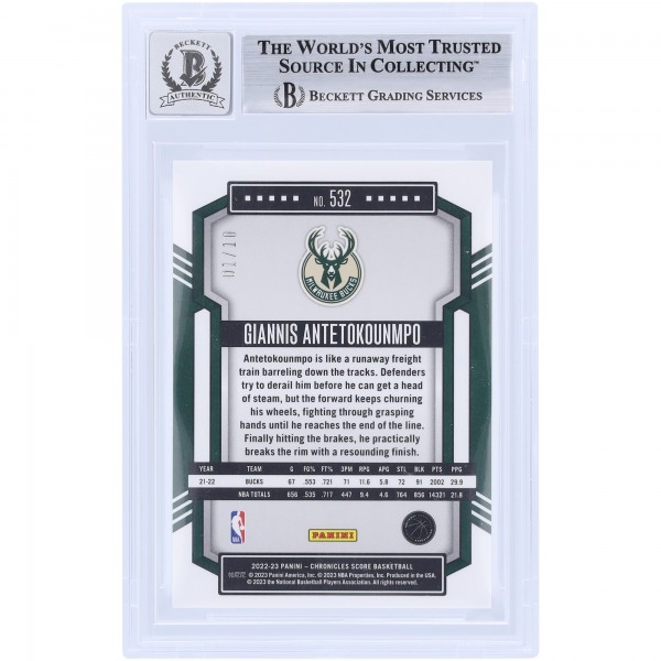 Giannis Antetokounmpo Milwaukee Bucks Autographed 2022-23 Panini Chronicles Score Gold #532 #1/10 Beckett Fanatics Witnessed Authenticated 10 Card