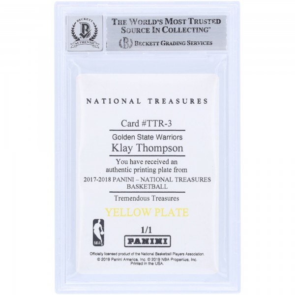Klay Thompson Golden State Warriors Autographed 2017-18 Panini National Treasures Tremendous Treasures Yellow Printing Plate #TTR-3 #1/1 Beckett Fanatics Witnessed Authenticated 10 Card with Dub Nation Inscription