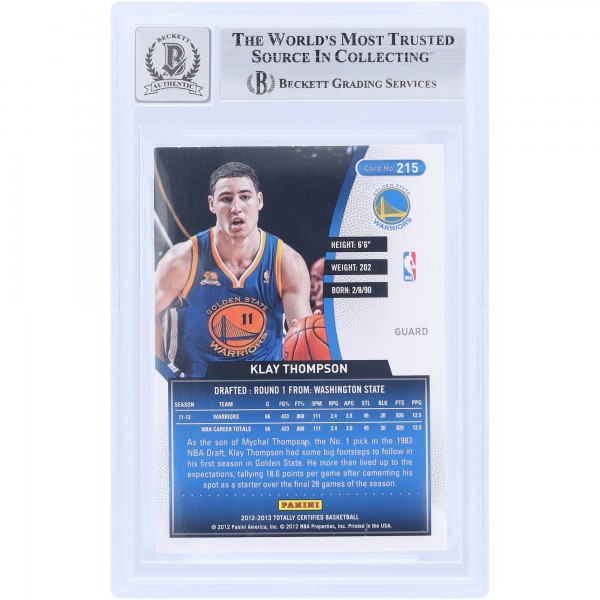 Klay Thompson Golden State Warriors Autographed 2012-13 Panini Totally Certified #215 Beckett Fanatics Witnessed Authenticated 10 Rookie Card