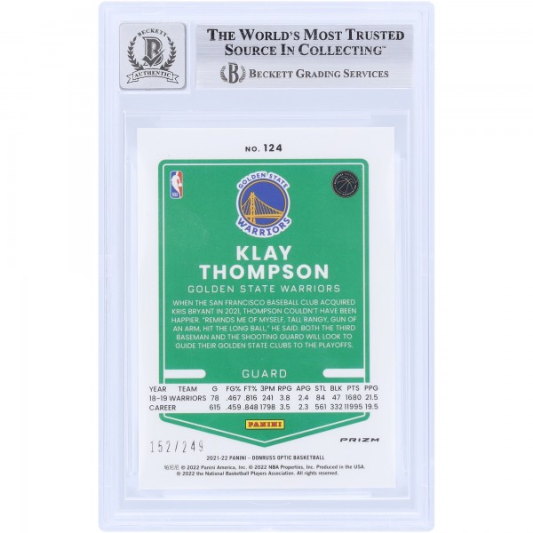 Klay Thompson Golden State Warriors Autographed 2021-22 Panini Donruss Optic Premium Box Set #124 #/249 Beckett Fanatics Witnessed Authenticated 10 Card