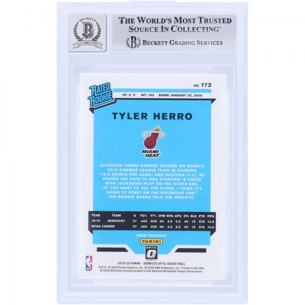 Tyler Herro Miami Heat Autographed 2019-20 Panini Donruss Optic Rated Rookie #172 Beckett Fanatics Witnessed Authenticated 10 Rookie Card