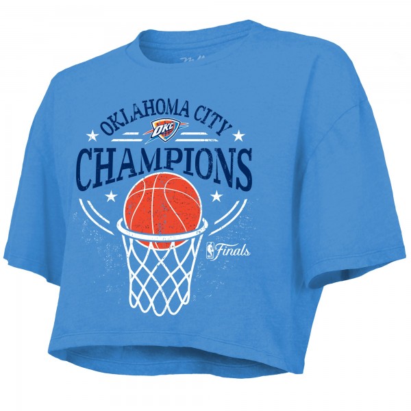 Укороченная футболка Women Oklahoma City Thunder Majestic Threads Blue 2025 NBA Finals Champions Boxy