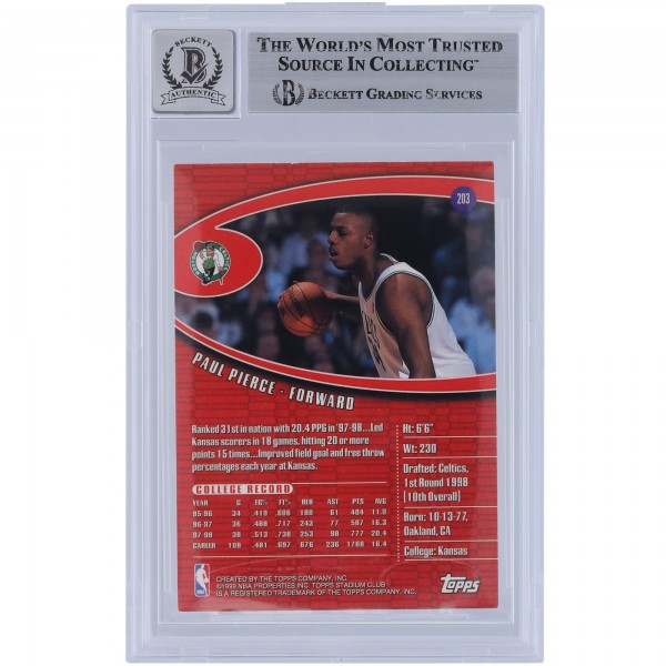 Paul Pierce Boston Celtics Autographed 1998-99 Topps Stadium Club #203 Beckett Fanatics Witnessed Authenticated 9/10 Rookie Card