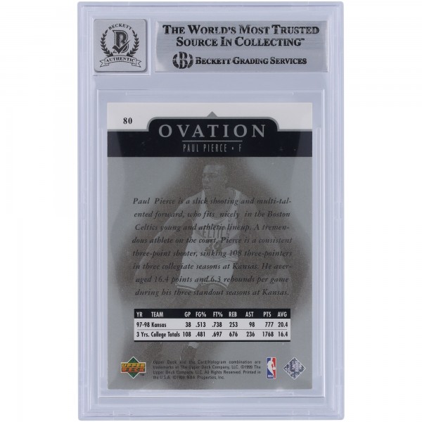 Paul Pierce Boston Celtics Autographed 1998-99 Upper Deck Ovation #80 Beckett Fanatics Witnessed Authenticated 9/10 Rookie Card