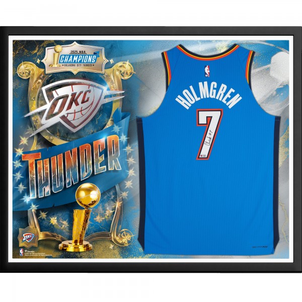 Джерси с автографом Chet Holmgren Oklahoma City Thunder Autographed Fanatics Authentic 2025 NBA Finals Champions Framed Nike Blue Icon Authentic Jersey Collage