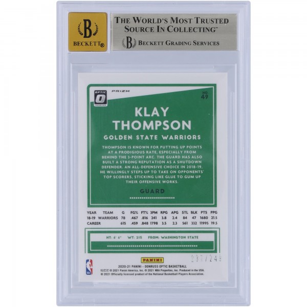 Klay Thompson Golden State Warriors Autographed 2020-21 Panini Donruss Optic Premium Box Set Scope #49 #/249 Beckett Fanatics Witnessed Authenticated 9.5/10 Card