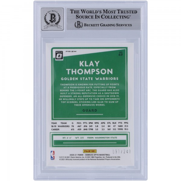 Klay Thompson Golden State Warriors Autographed 2020-21 Panini Donruss Optic Premium Box Set Scope #49 #/249 Beckett Fanatics Witnessed Authenticated 9/10 Card