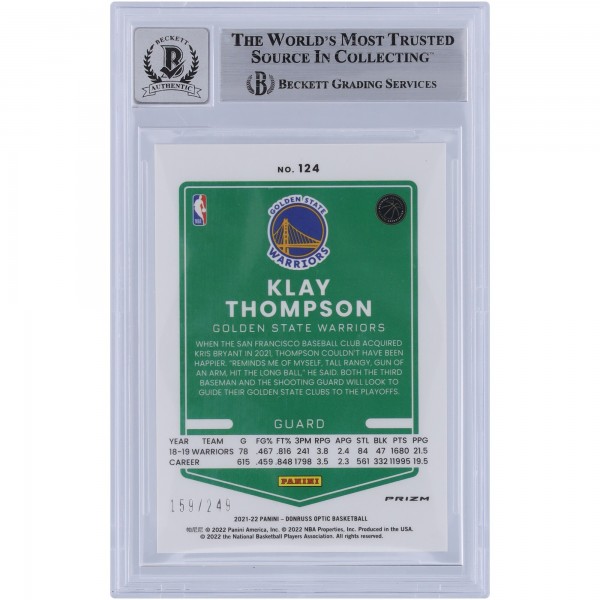 Klay Thompson Golden State Warriors Autographed 2021-22 Panini Donruss Optic Premium Box Set Scope #124 #/249 Beckett Fanatics Witnessed Authenticated 9/10 Card