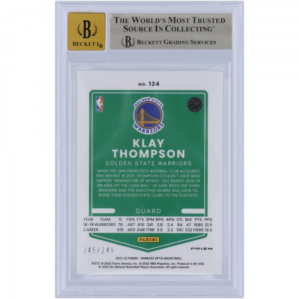 Klay Thompson Golden State Warriors Autographed 2021-22 Panini Donruss Optic Premium Box Set Scope #124 #/249 Beckett Fanatics Witnessed Authenticated 9.5/10 Card