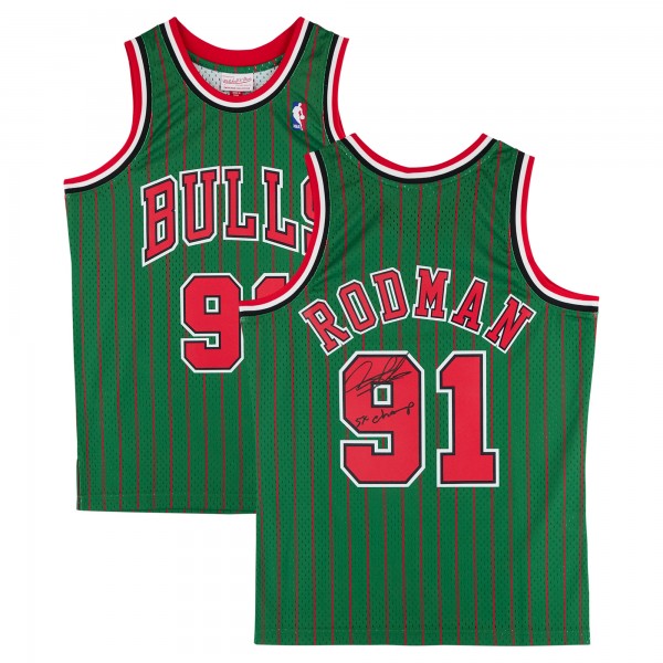 Игровая джерси Dennis Rodman Chicago Bulls Autographed Fanatics Authentic Green Mitchell & Ness 1995-96 Authentic with 5x Champ Inscription