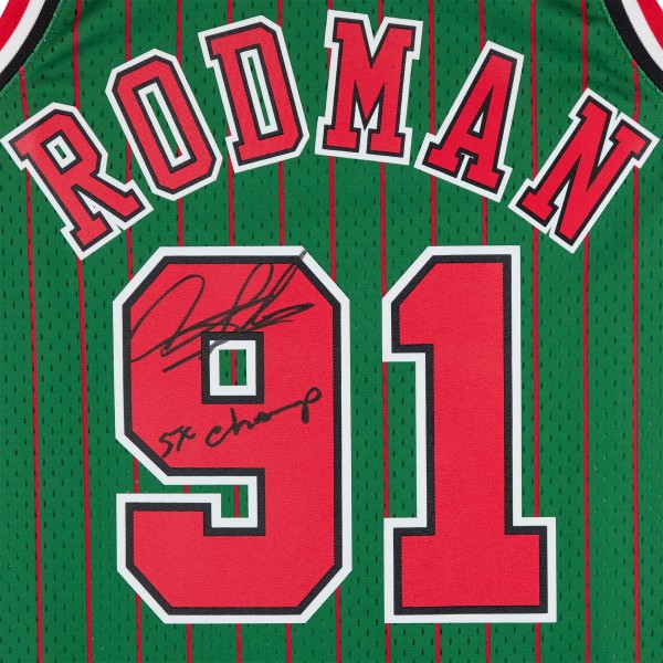 Игровая джерси Dennis Rodman Chicago Bulls Autographed Fanatics Authentic Green Mitchell & Ness 1995-96 Authentic with 5x Champ Inscription