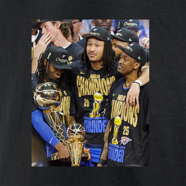 Футболка Oklahoma City Thunder Luguentz Dort, Jaylin Williams & Jalen Williams Black 2025 NBA Finals Champions Game Frames