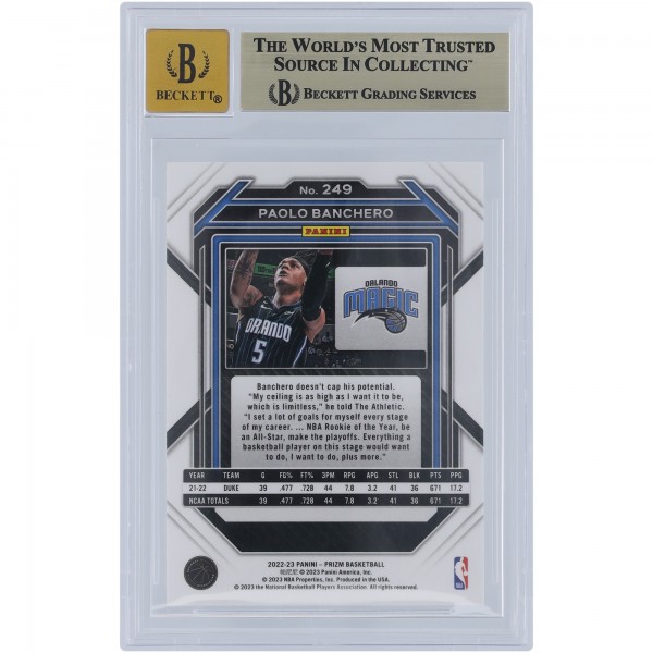Paolo Banchero Orlando Magic Autographed 2022-23 Panini Prizm #249 Beckett Fanatics Witnessed Authenticated 9.5/10 Rookie Card
