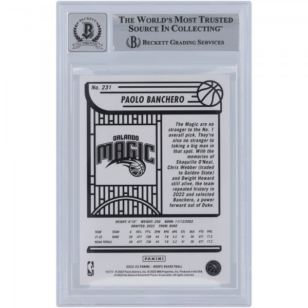 Paolo Banchero Orlando Magic Autographed 2022-23 Panini Hoops #231 Beckett Fanatics Witnessed Authenticated 9/10 Rookie Card
