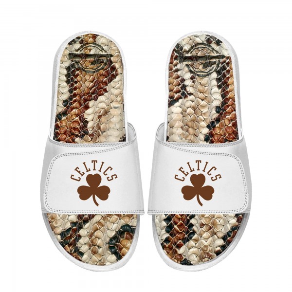 Unisex Boston Celtics ISlide White Stacked Snake Gel Slide Sandals