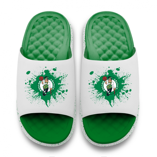 Unisex Boston Celtics ISlide Kelly Green/White Centered Logo Splat Motive Slide Sandals