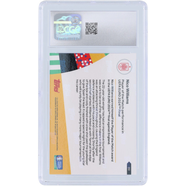 Карточка Nico Williams Spain National Team 2024 Topps Now UEFA Euro Of The Match Performance In UEFA Euro 2024 Final #60 CGC Authenticated 10