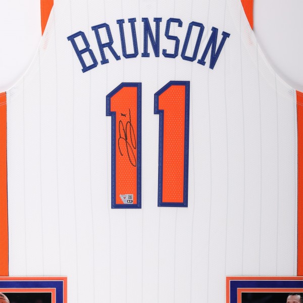 Jalen Brunson New York Knicks Autographed Fanatics Authentic SM Deluxe Framed White Nike 2024-25 City Edition Authentic Jersey