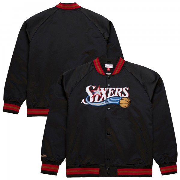 Philadelphia 76ers Mitchell & Ness Black Hardwood Classics Throwback Wordmark Raglan Full-Snap Jacket