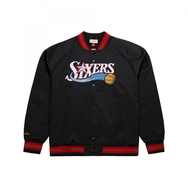 Philadelphia 76ers Mitchell & Ness Black Hardwood Classics Throwback Wordmark Raglan Full-Snap Jacket