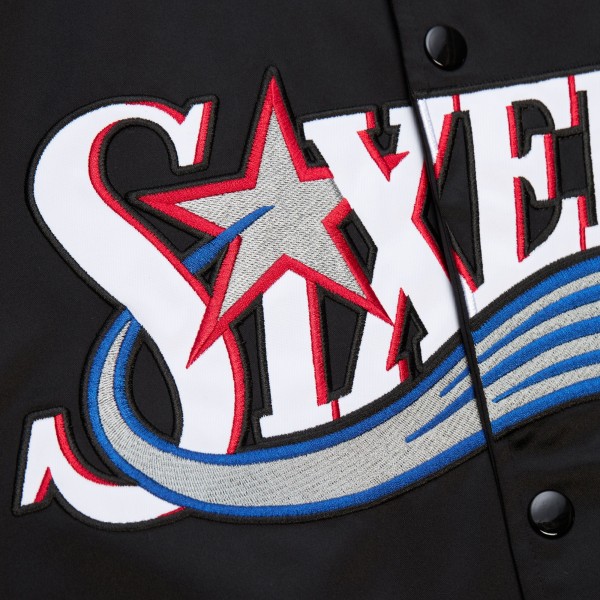 Philadelphia 76ers Mitchell & Ness Black Hardwood Classics Throwback Wordmark Raglan Full-Snap Jacket