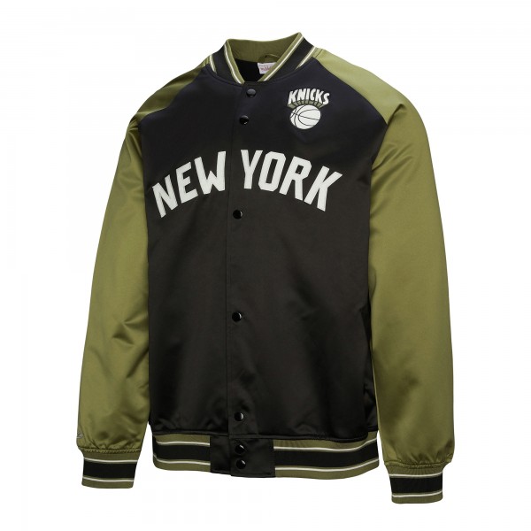 New York Knicks Mitchell & Ness Olive/Black Clutch Satin Raglan Full-Snap Jacket