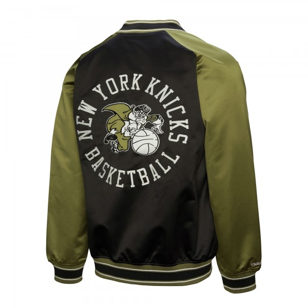 New York Knicks Mitchell & Ness Olive/Black Clutch Satin Raglan Full-Snap Jacket