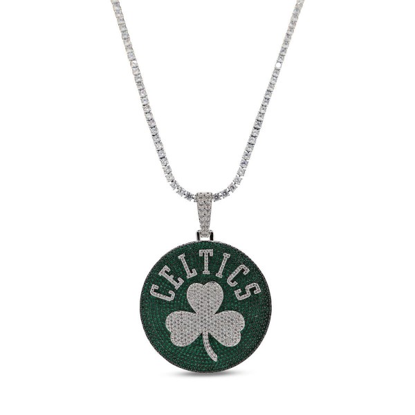 Boston Celtics GLD 14K White Gold Logo Pendant & 20 Tennis Chain