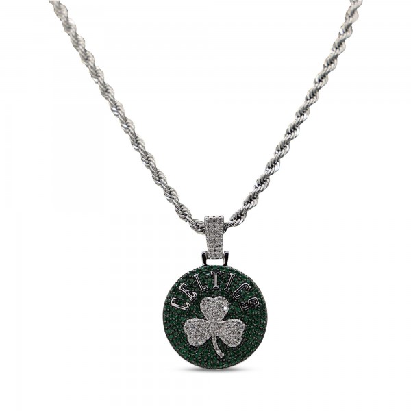 Boston Celtics GLD 14K White Gold Logo Pendant & 20 Rope Chain