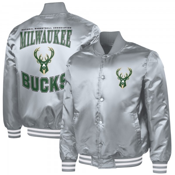 Milwaukee Bucks G-III Sports by Carl Banks Gray Adaptive Bold Logo Satin Varsity Jacket
