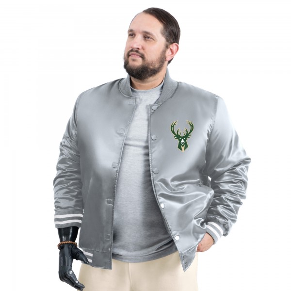 Milwaukee Bucks G-III Sports by Carl Banks Gray Adaptive Bold Logo Satin Varsity Jacket