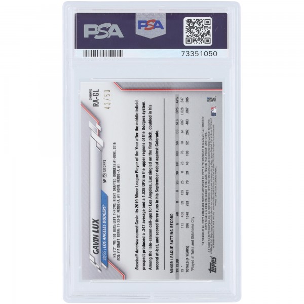 Gavin Lux Los Angeles Dodgers Autographed 2020 Topps Chrome Update Sapphire Edition Green #RA-GL #43/50 PSA Authenticated Gem MT 10 Card