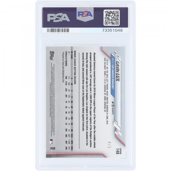 Gavin Lux Los Angeles Dodgers 2020 Topps Chrome Red Refractor #148 #4/5 PSA Authenticated 10 Rookie Card