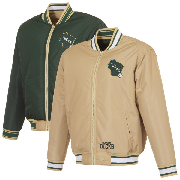 Milwaukee Bucks JH Design Cream/Hunter Green Reversible Full-Zip Flight Jacket