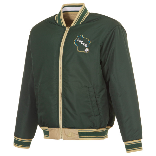 Milwaukee Bucks JH Design Cream/Hunter Green Reversible Full-Zip Flight Jacket