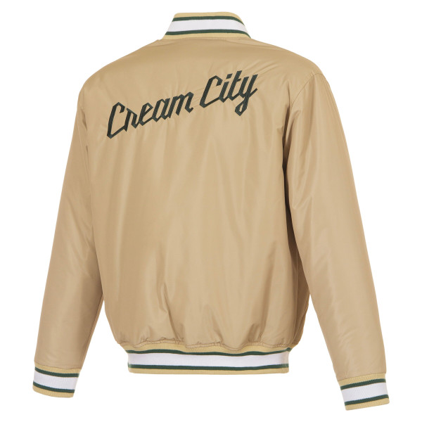 Milwaukee Bucks JH Design Cream/Hunter Green Reversible Full-Zip Flight Jacket