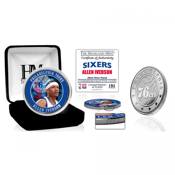 Philadelphia 76ers Allen Iverson Highland Mint 39mm Silver Plated Color Coin