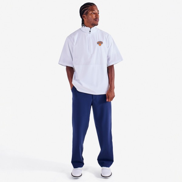 New York Knicks Malbon Golf White Evergreen Nylon Windshirt