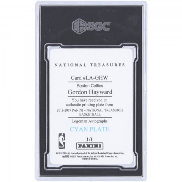 Gordon Hayward Boston Celtics 2018-19 Panini National Treasures Cyan Printing Plate #LA-GHW #1/1 SGC Authenticated Auth Card