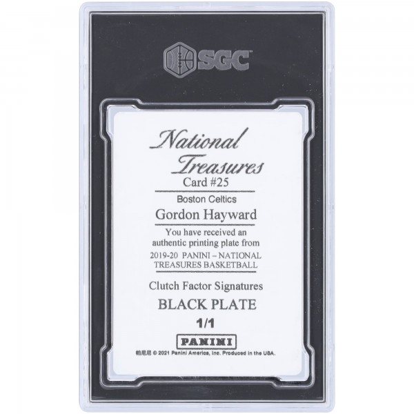 Gordon Hayward Boston Celtics 2019-20 Panini National Treasures Black Printing Plate #25 #1/1 SGC Authenticated Auth Card