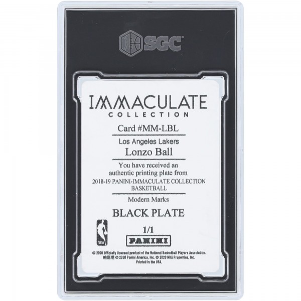 Lonzo Ball Los Angeles Lakers 2018-19 Panini Immaculate Collection Black Printing Plate #MM-LBL #1/1 SGC Authenticated Auth Card