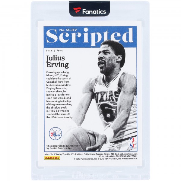 Julius Erving Philadelphia 76ers Autographed 2018-19 Panini Encased Scripted Sigs #SC-JEV #9/15 Card