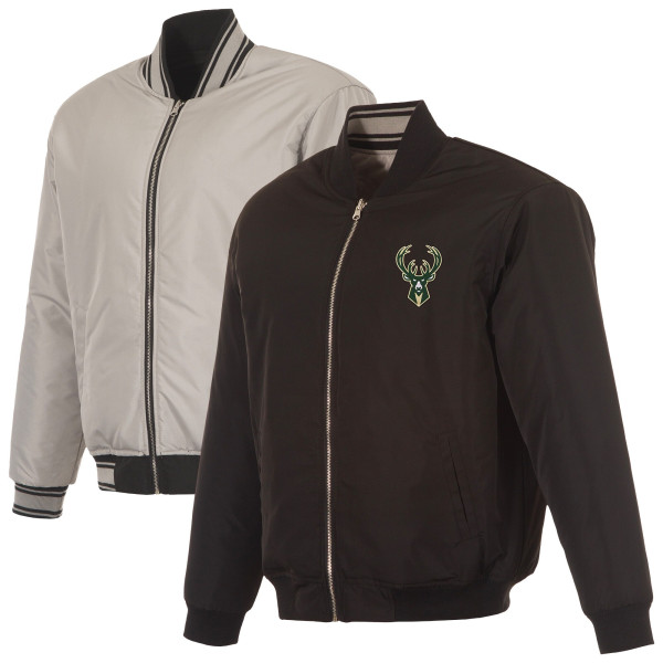 Milwaukee Bucks JH Design Black/Gray Reversible Full-Zip Flight Jacket