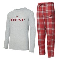 Miami Heat Concepts Sport Wine/Heather Gray Regulate Long Sleeve T-Shirt & Plaid Pant Set