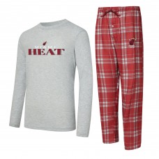 Miami Heat Concepts Sport Wine/Heather Gray Regulate Long Sleeve T-Shirt & Plaid Pant Set