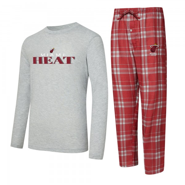 Miami Heat Concepts Sport Wine/Heather Gray Regulate Long Sleeve T-Shirt & Plaid Pant Set