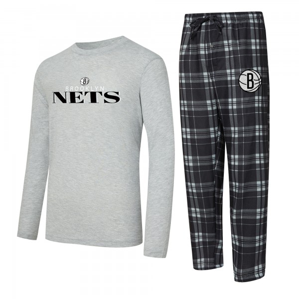 Brooklyn Nets Concepts Sport Black/Heather Gray Regulate Long Sleeve T-Shirt & Plaid Pant Set