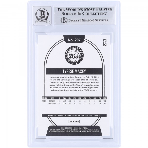 Tyrese Maxey Philadelphia 76ers Autographed 2020-21 Panini Hoops #207 Beckett Fanatics Witnessed Authenticated 10 Rookie Card