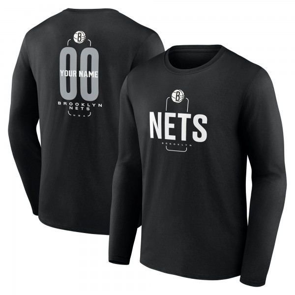 Brooklyn Nets Black Center Court Name & Number Custom Long Sleeve T-Shirt