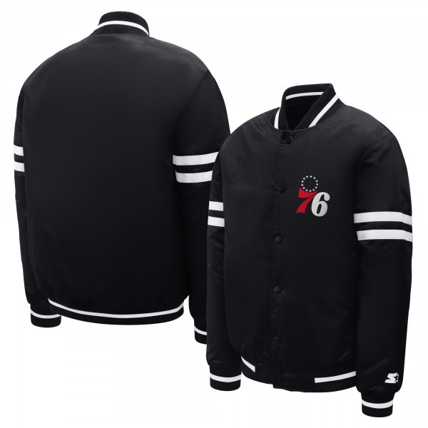 Подростковая Philadelphia 76ers Starter Black Satin Full-Snap Varsity Jacket